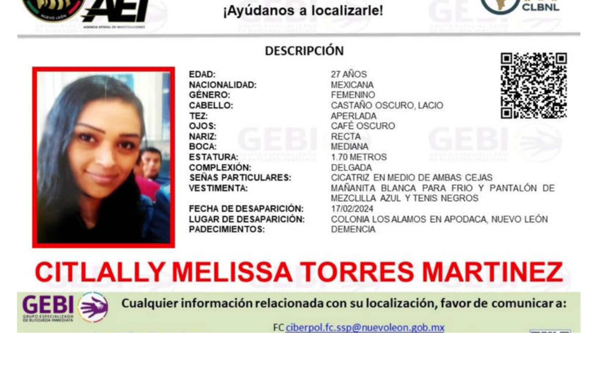 Buscan a joven desaparecida en Nuevo León con demencia